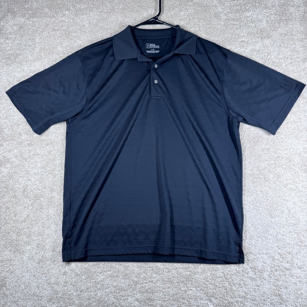 PGA Tour Mens Large Black Textured Stripe Short Sleeve‎ Golf Polo Shirt L